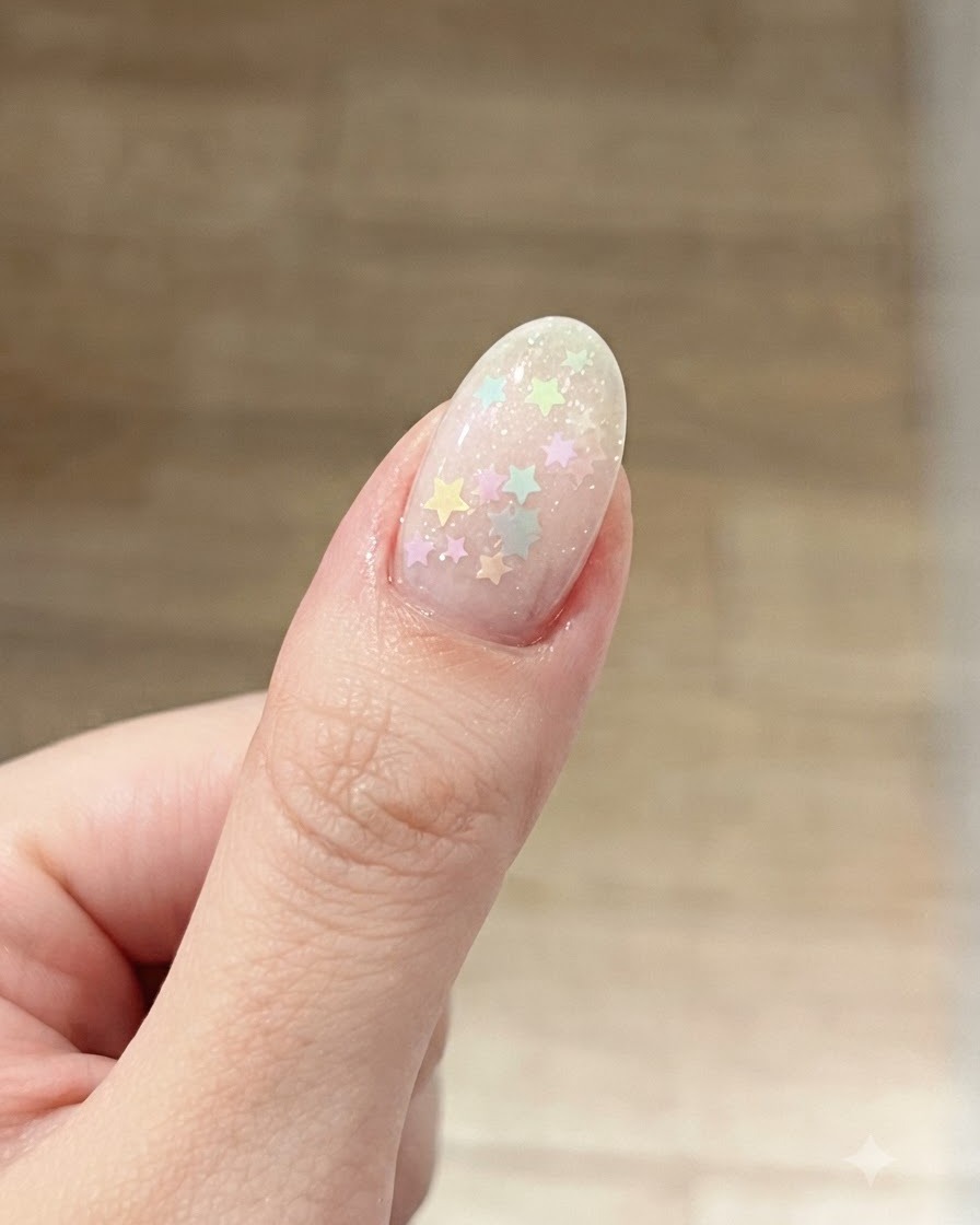 A brush applying an additional thin layer of clear base gel over the embedded star glitter design.