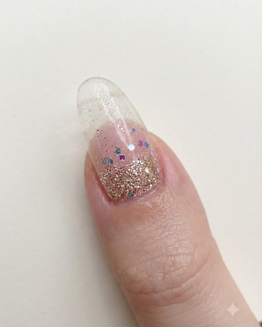 A nail brush spreading fine reflective pink glitter over the upper section of a nail with an existing glitter gradient.