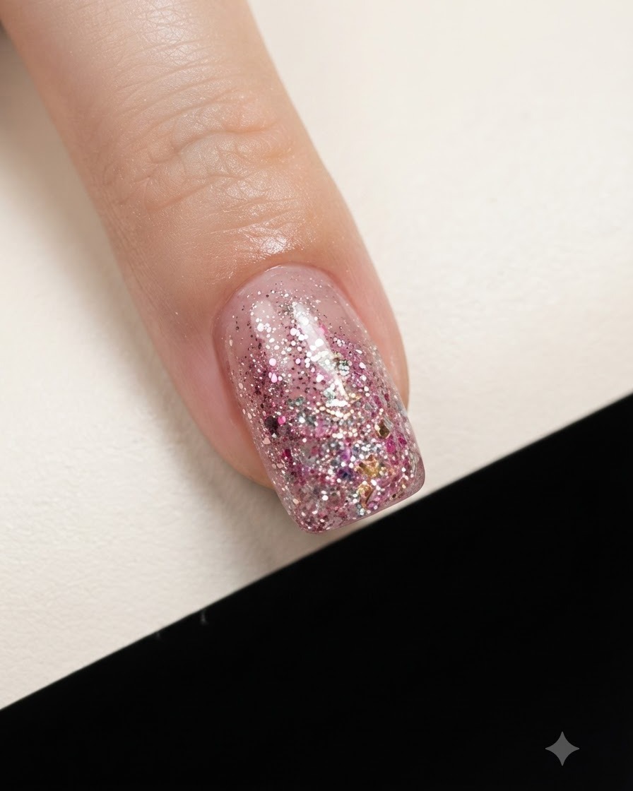 A close-up shot of a finger showing a dense layer of chunky pink and gold glitter flakes concentrated at the nail tip.