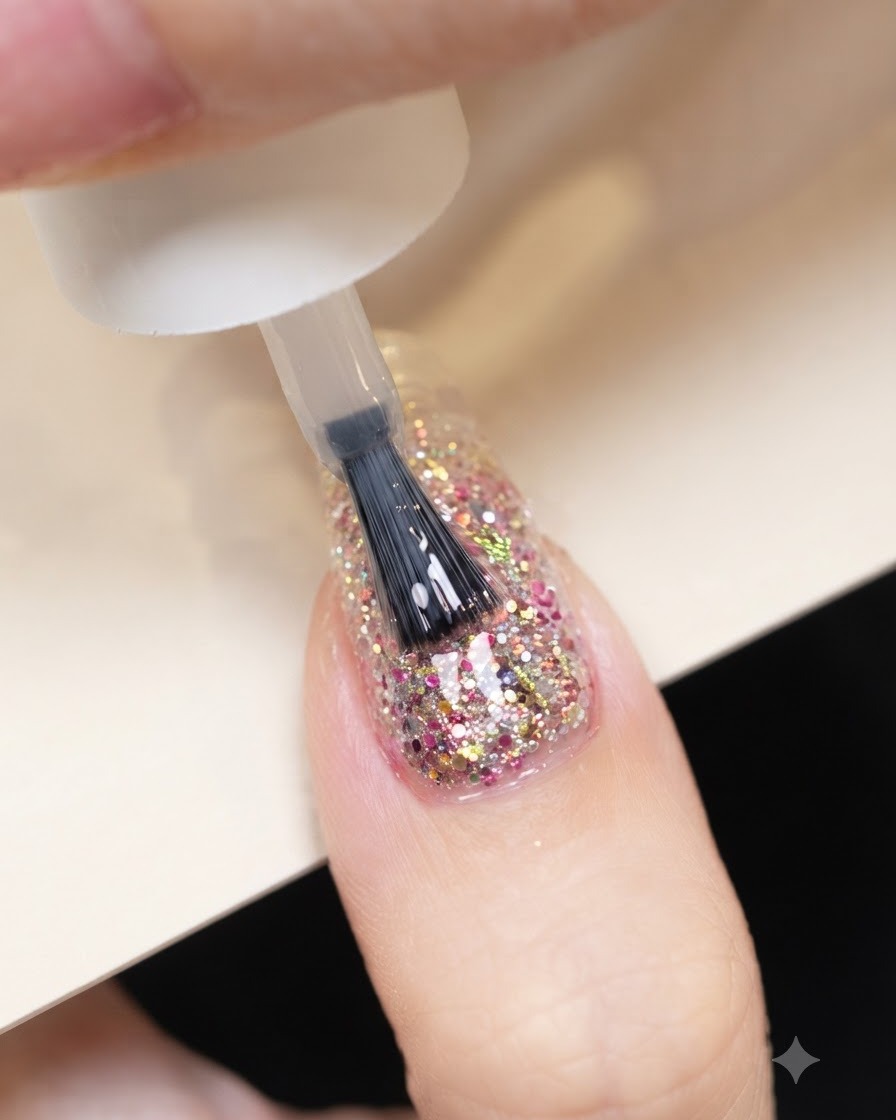 A brush applying a clear self-leveling builder gel over a glitter-covered nail surface.