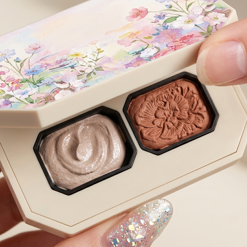 A hand opening a floral-patterned palette containing solid cream gel polish in neutral shades.