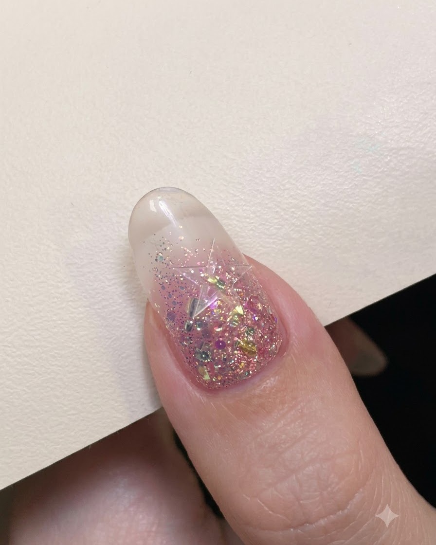 A pair of precision tweezers placing a silver hollow star sticker onto the center of a glitter-encapsulated nail.
