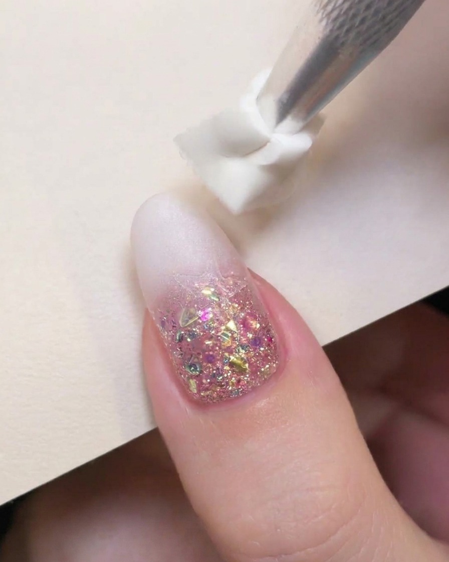 A sponge-tipped tool dabbing milky white gel polish onto the upper edge of a decorated nail.