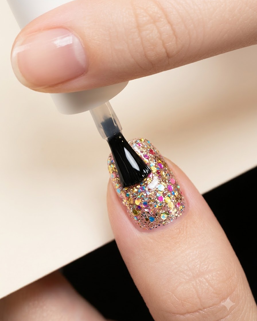 A brush applying a thick layer of clear glossy top coat over a glittery star nail design.