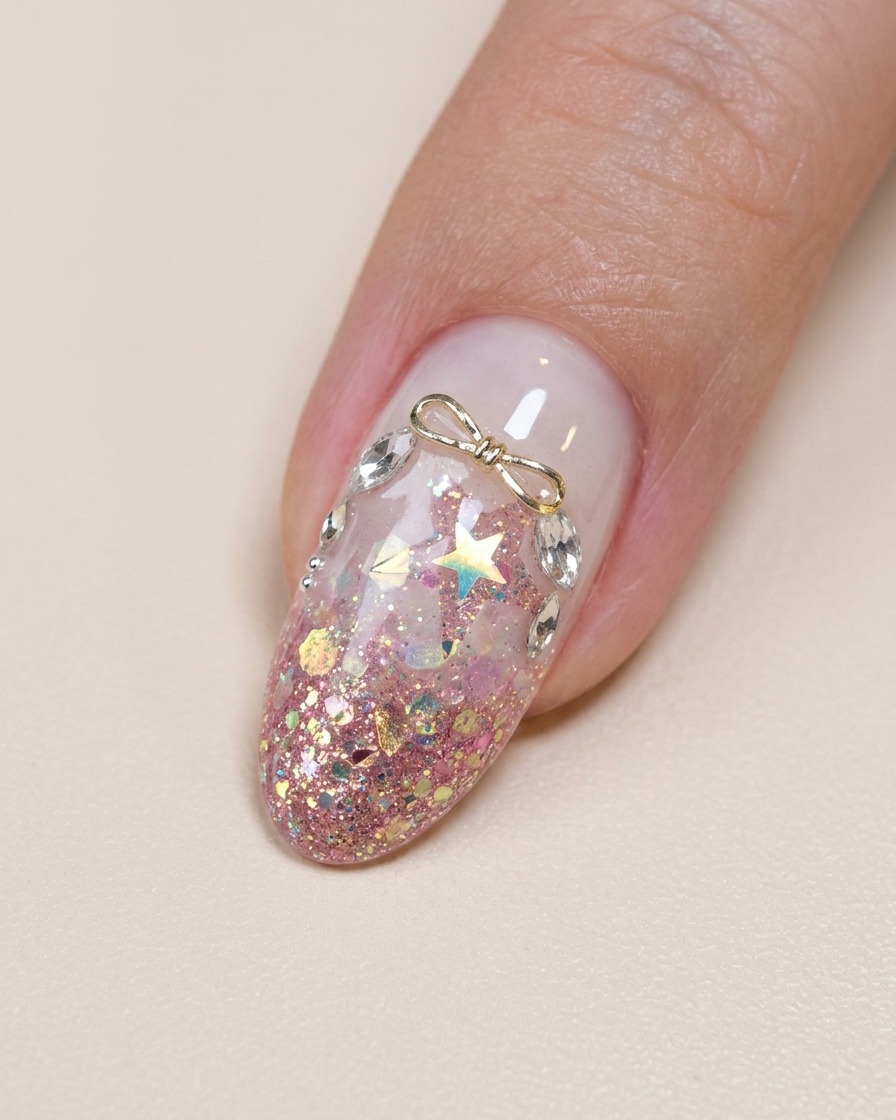 Tweezers placing a small silver bow charm with rhinestones at the cuticle area of a finished nail.