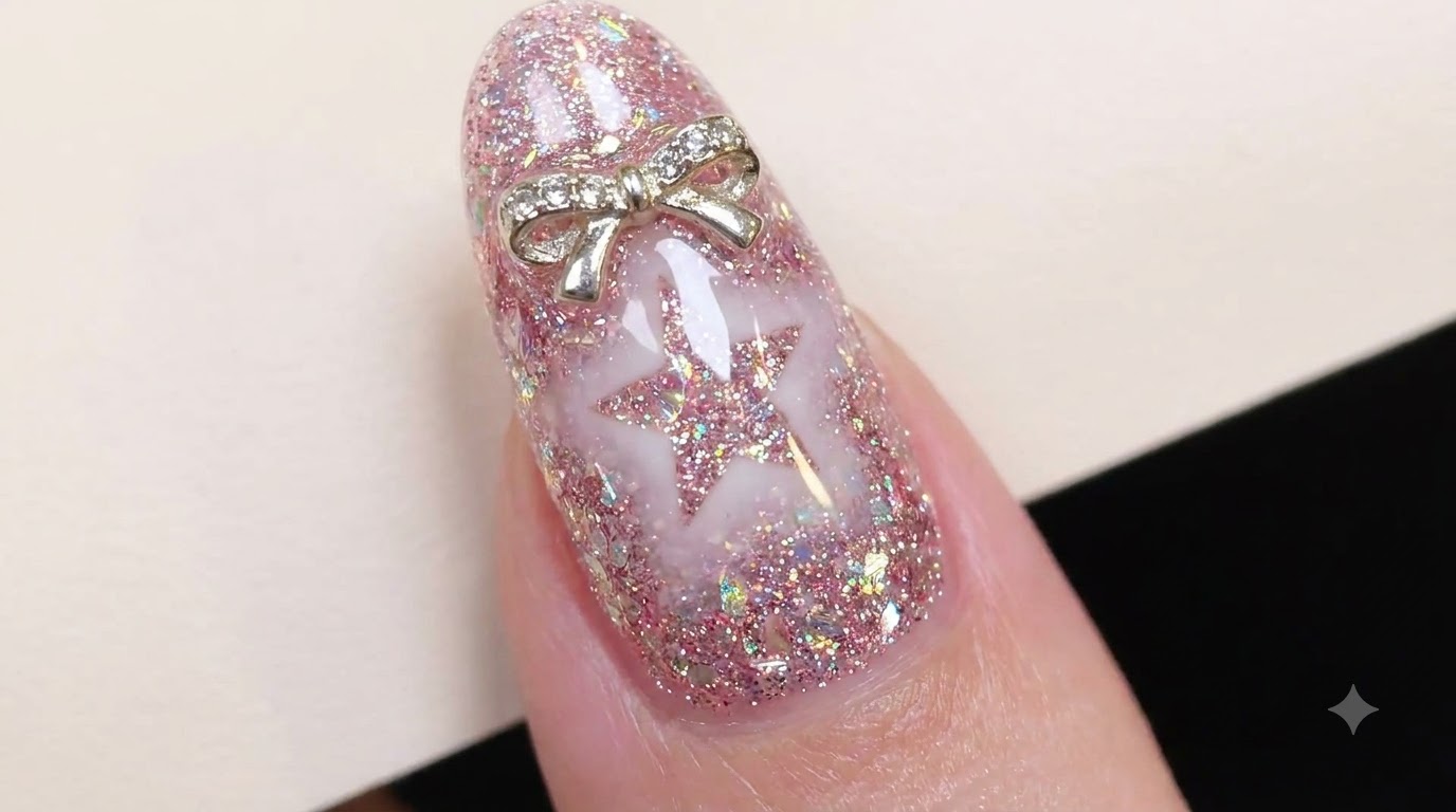 Pink Bling Glitter Negative Space Star Nails — Step-by-Step Tutorial