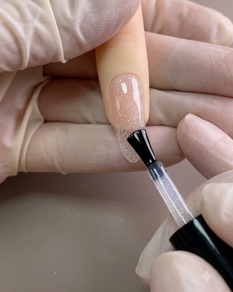 A brush spreading clear builder gel across a clear nail tip.