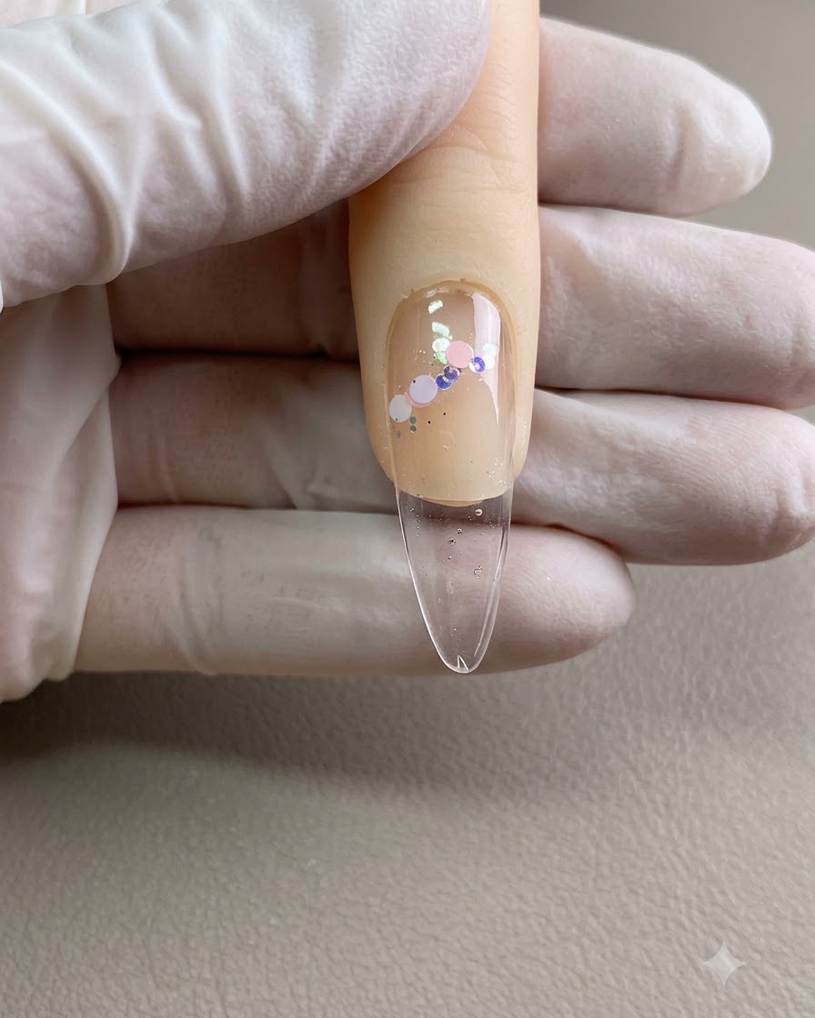 A close-up view of large iridescent sequins dotted onto wet nail gel.