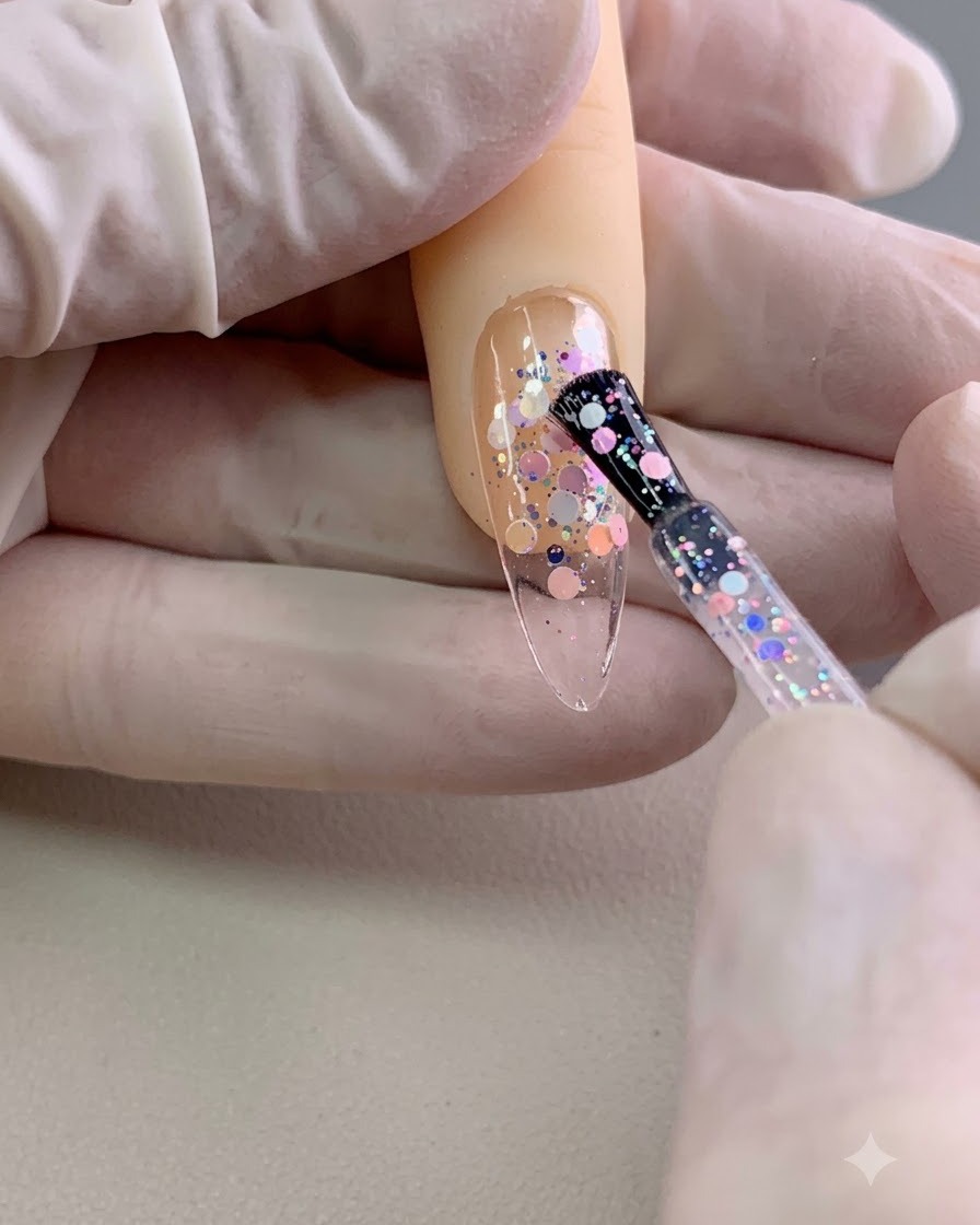 A brush applying a thick layer of clear gel over embedded sequins on a nail.