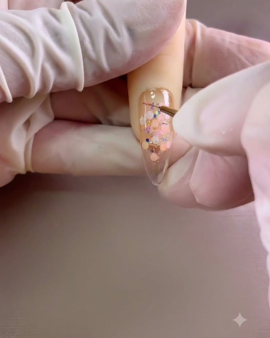 A fine liner brush drawing pink arches on a nail.