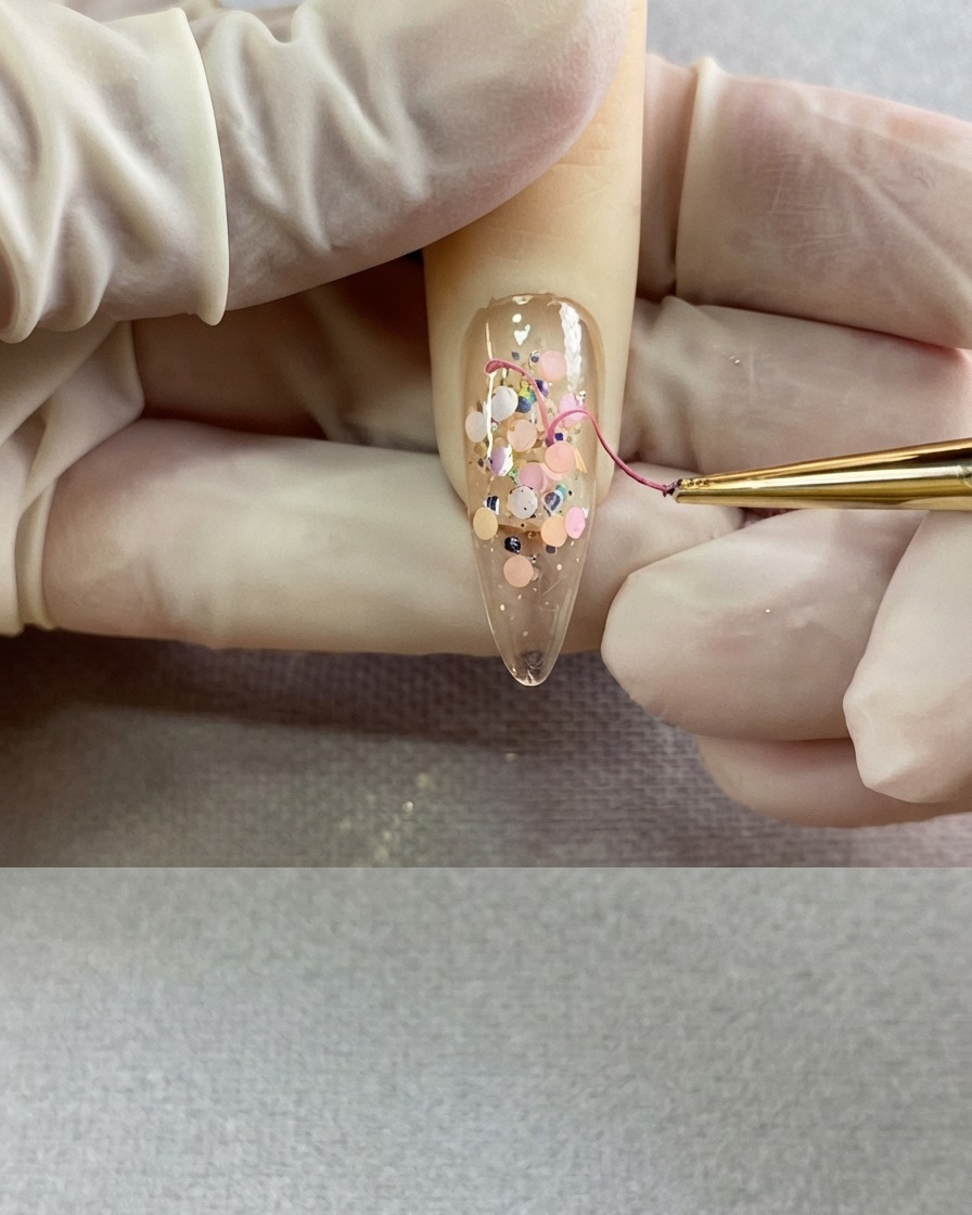 A fine liner brush completing the lower point of a pink heart.