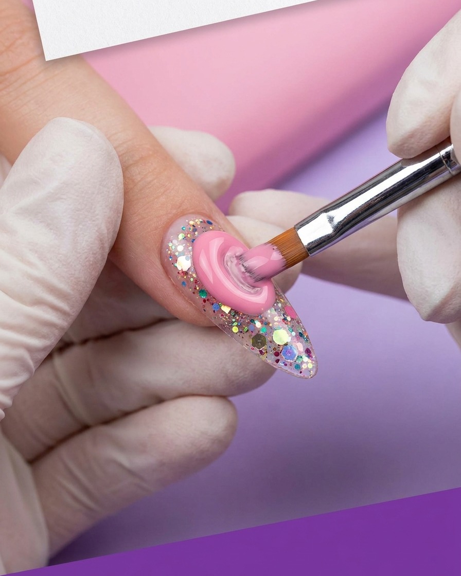 A brush filling in pink gel around the center design on a nail.