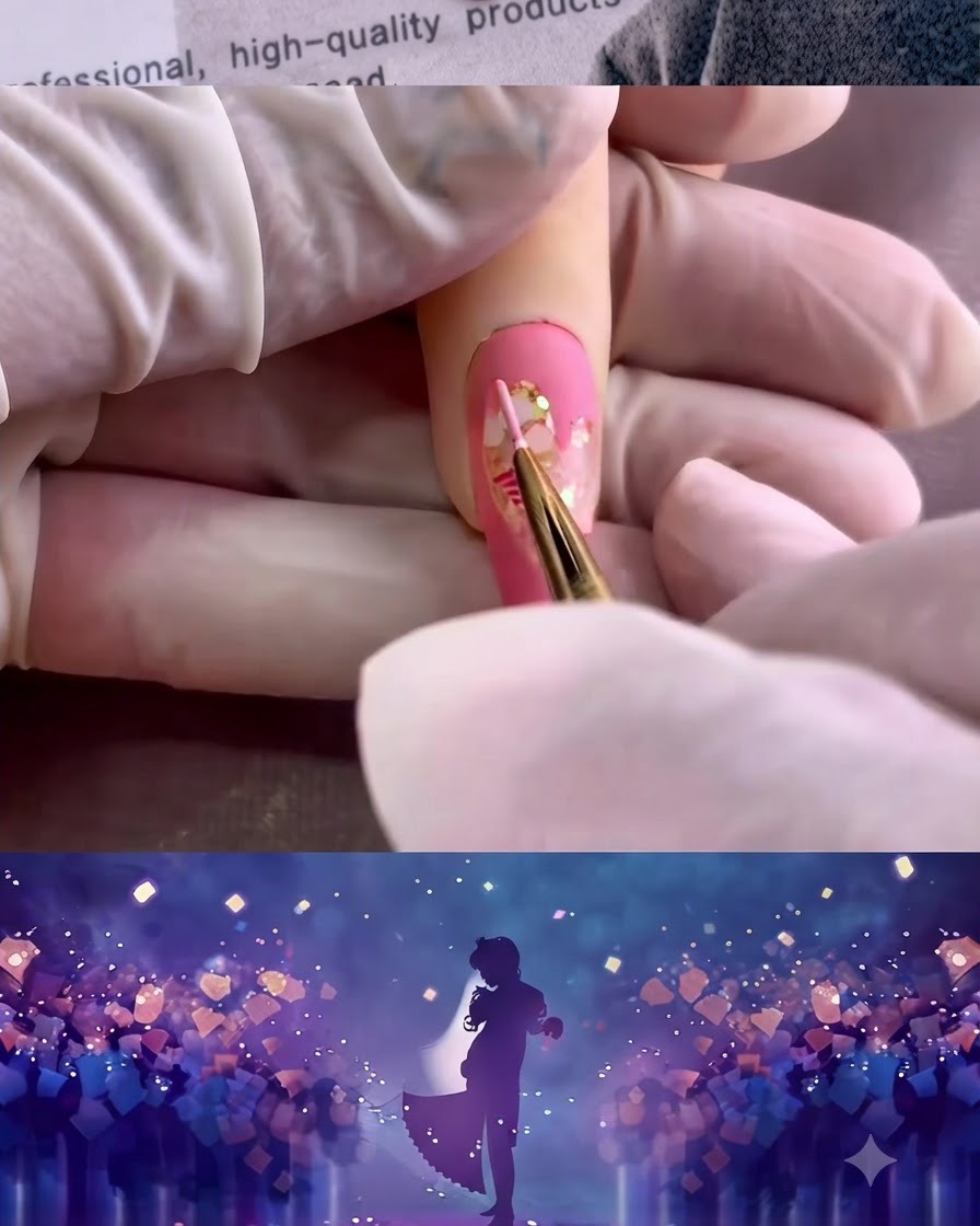 A fine brush drawing a clear raised line along the edge of the heart on the nail.