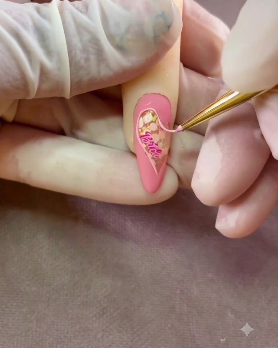 A fine brush finishing the bottom point of the clear 3D gel heart outline.