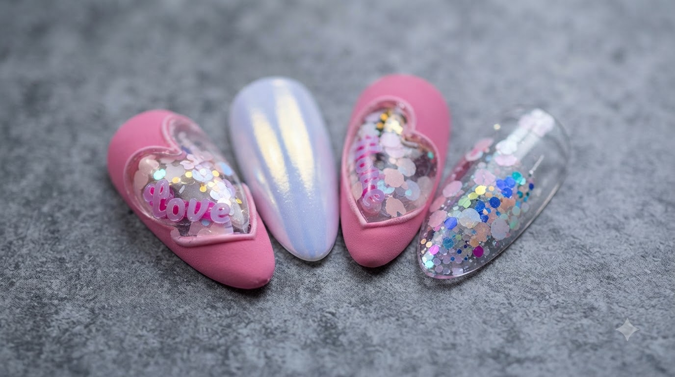 Matte Pink Negative Space Heart Nails with Encapsulated Sequins