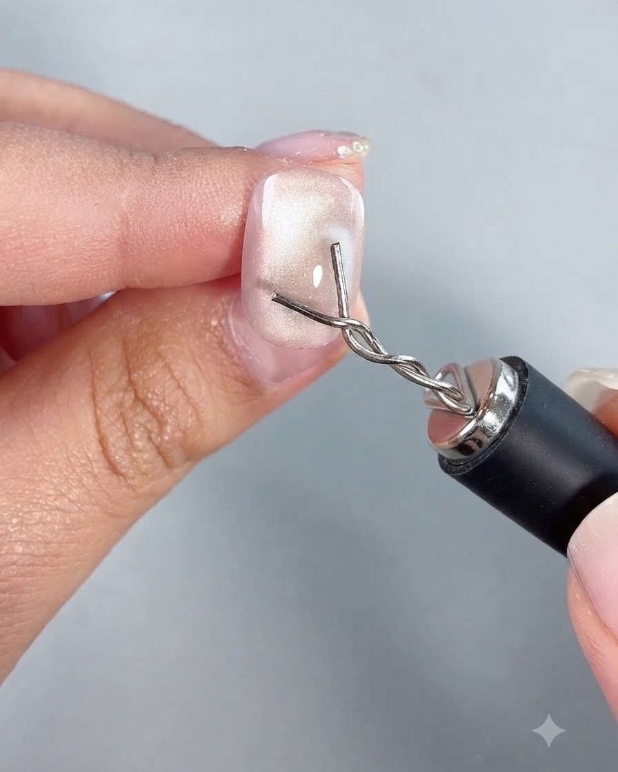 A customized magnetic pin hovering near the bottom right corner of a nail to sculpt cat eye particles.