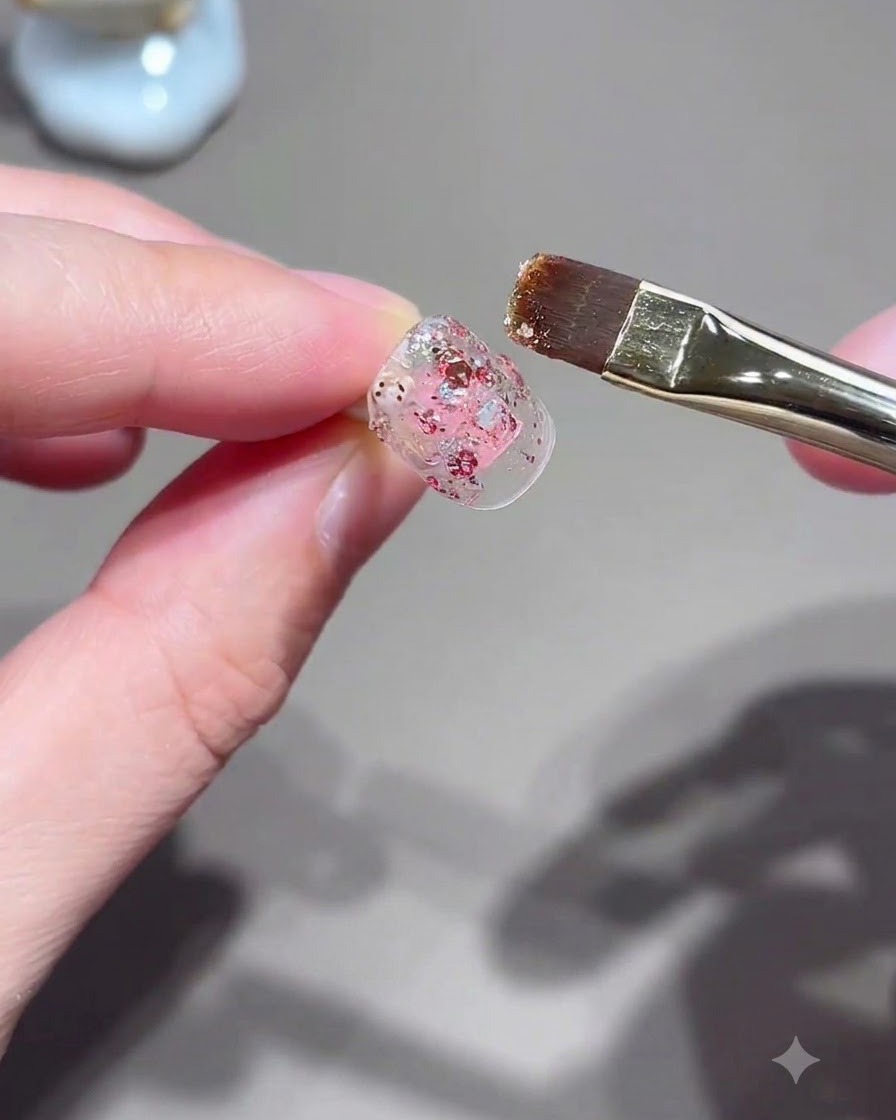 A flat nail brush applying pink glitter gel onto a nail tip.