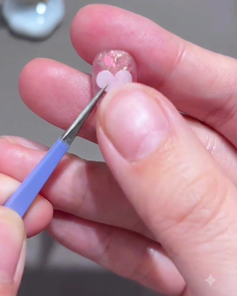 Tweezers placing a light pink heart sticker onto the center of a nail.
