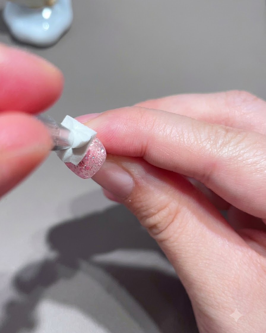 A brush applying a very light pink translucent color over the nail design.