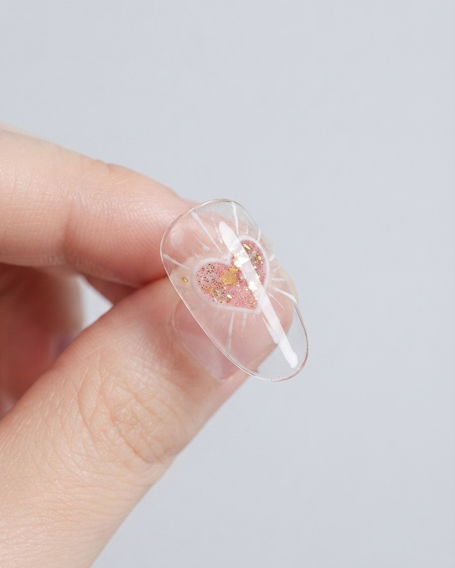 A finished nail showcasing a glossy, prominent 3D raised heart shape over the light wave pattern.