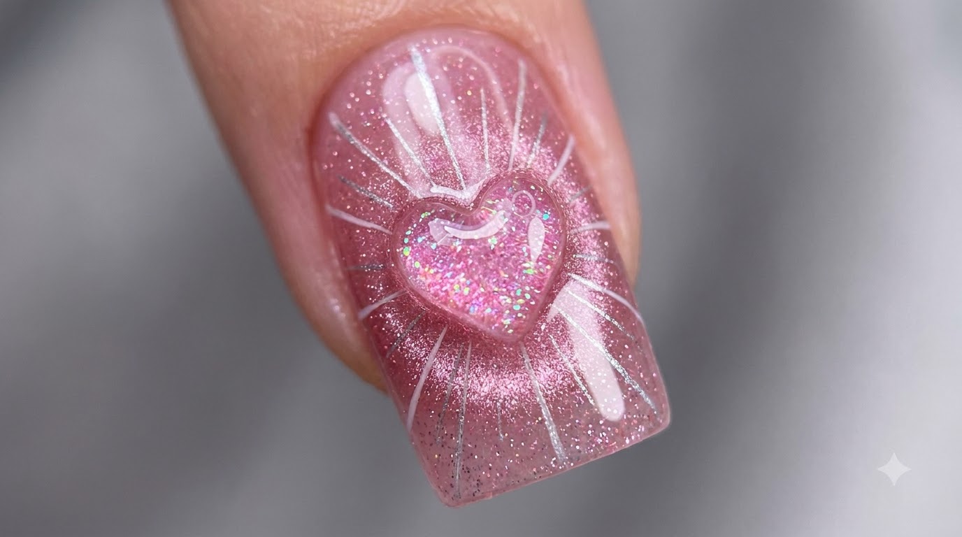 Close-up hero shot of two completed pink light-wave heart nail art pieces featuring a glowing 3D heart center.