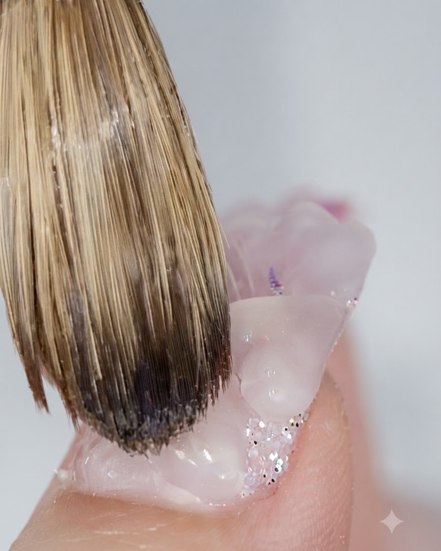 A close-up of a nail brush sculpting a second acrylic bead into a heart shape next to the first.