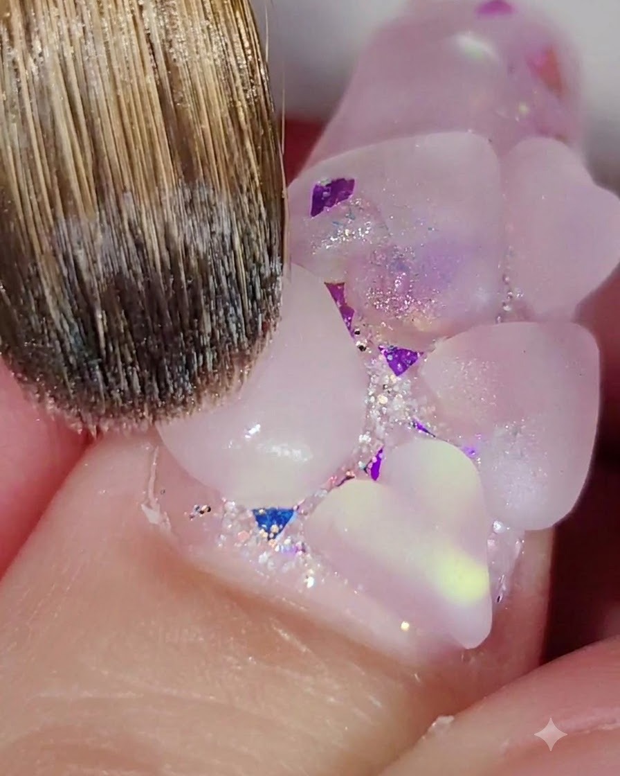 A professional nail brush sculpting a pink acrylic heart shape on a decorated nail surface.
