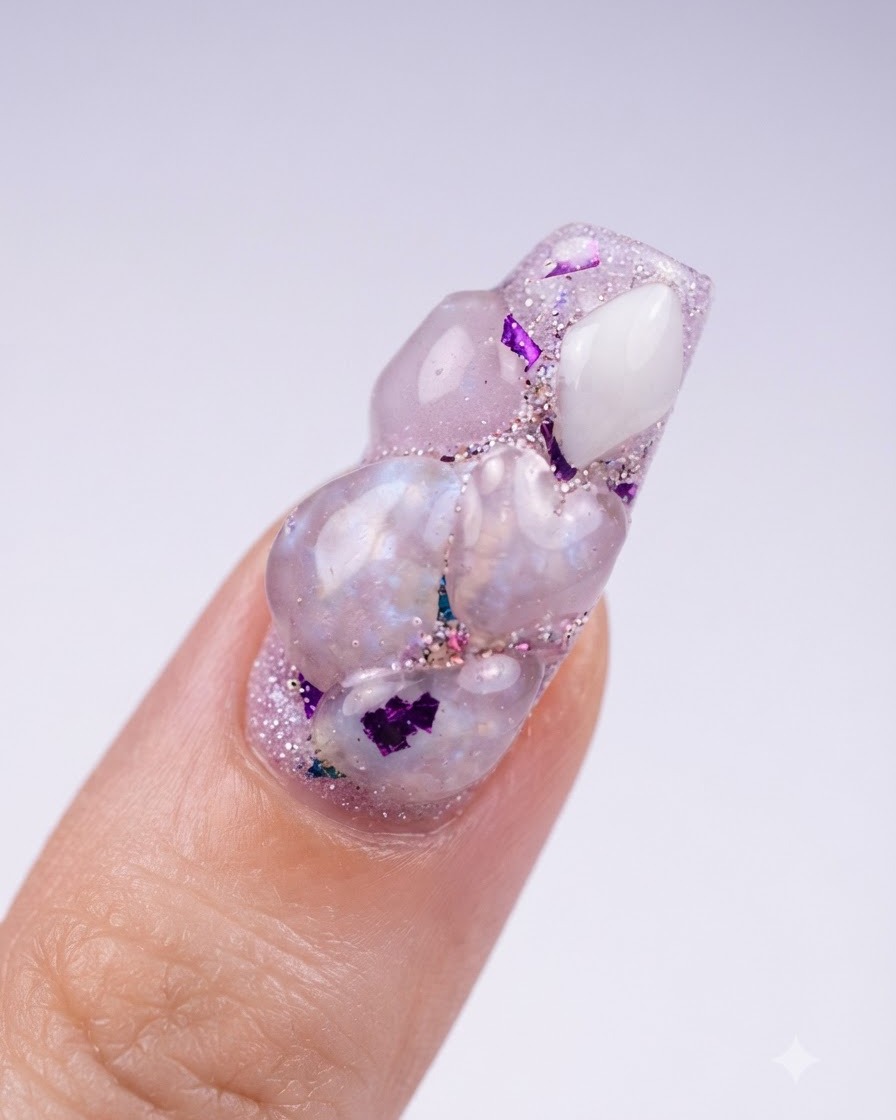 An overhead view of a nail featuring multiple sculpted pink acrylic heart shapes and embedded iridescent flakes.