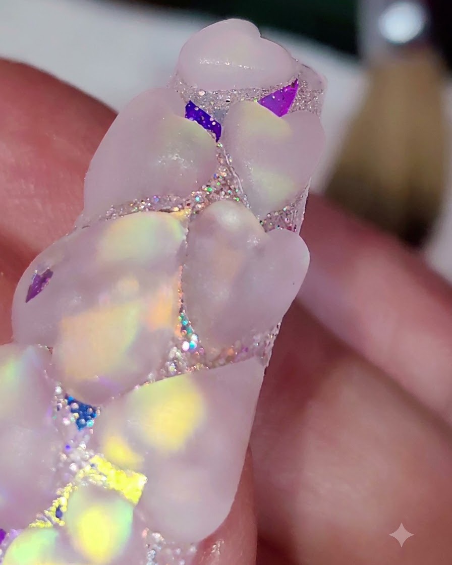Close-up macro shot of tiny sculpted acrylic hearts filling the spaces between larger crystal shapes.