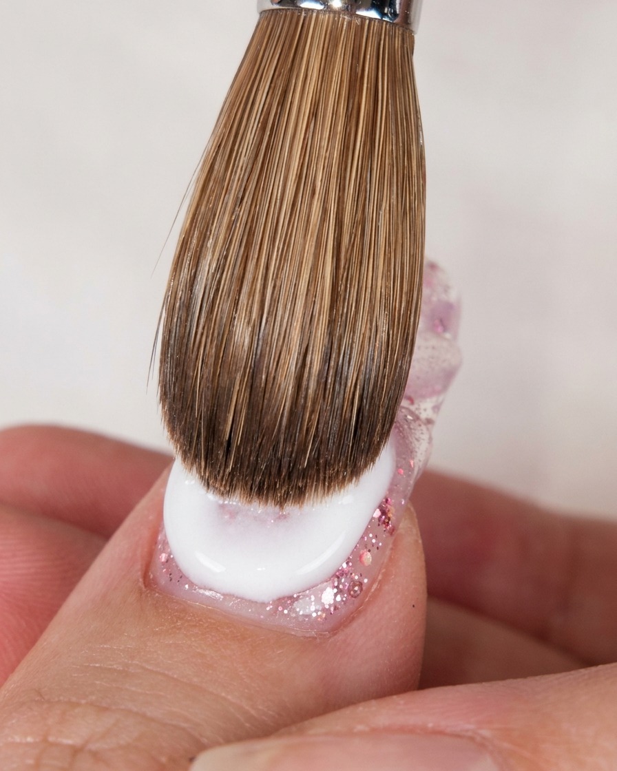A large acrylic nail brush applying a wet bead of white acrylic over a clear nail with embedded pink glitter.