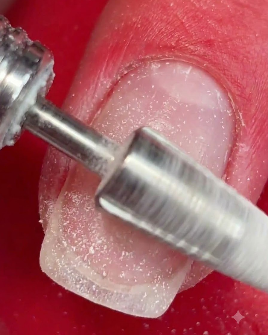 An electric file with a carbide bit shaping the acrylic surface of a fingernail.
