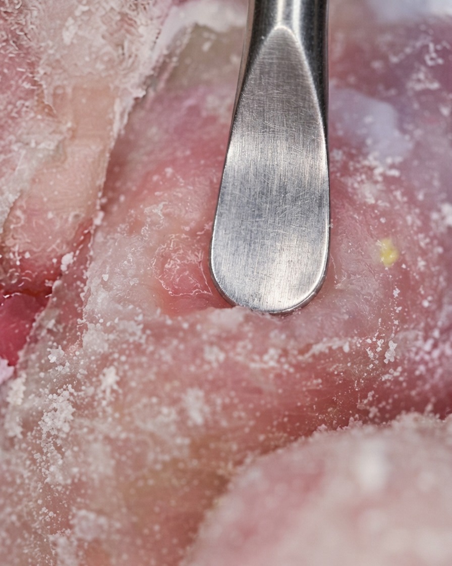 A macro shot of a metal tool cleaning and refining the cuticle area of a nail covered in white filing dust.