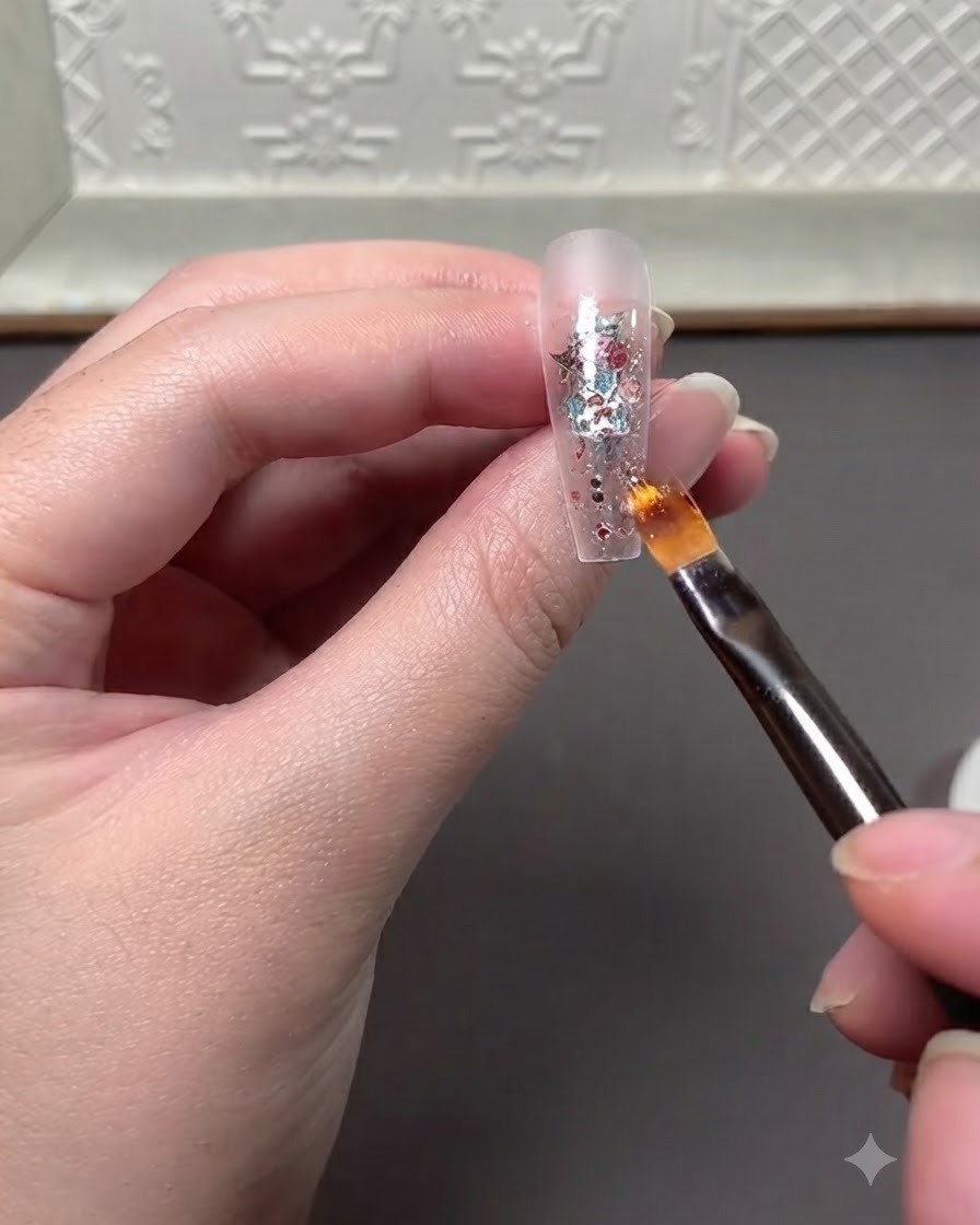 A brush applying a clear reinforcement sealing top coat gel over the embedded glitter layer on the nail extension.