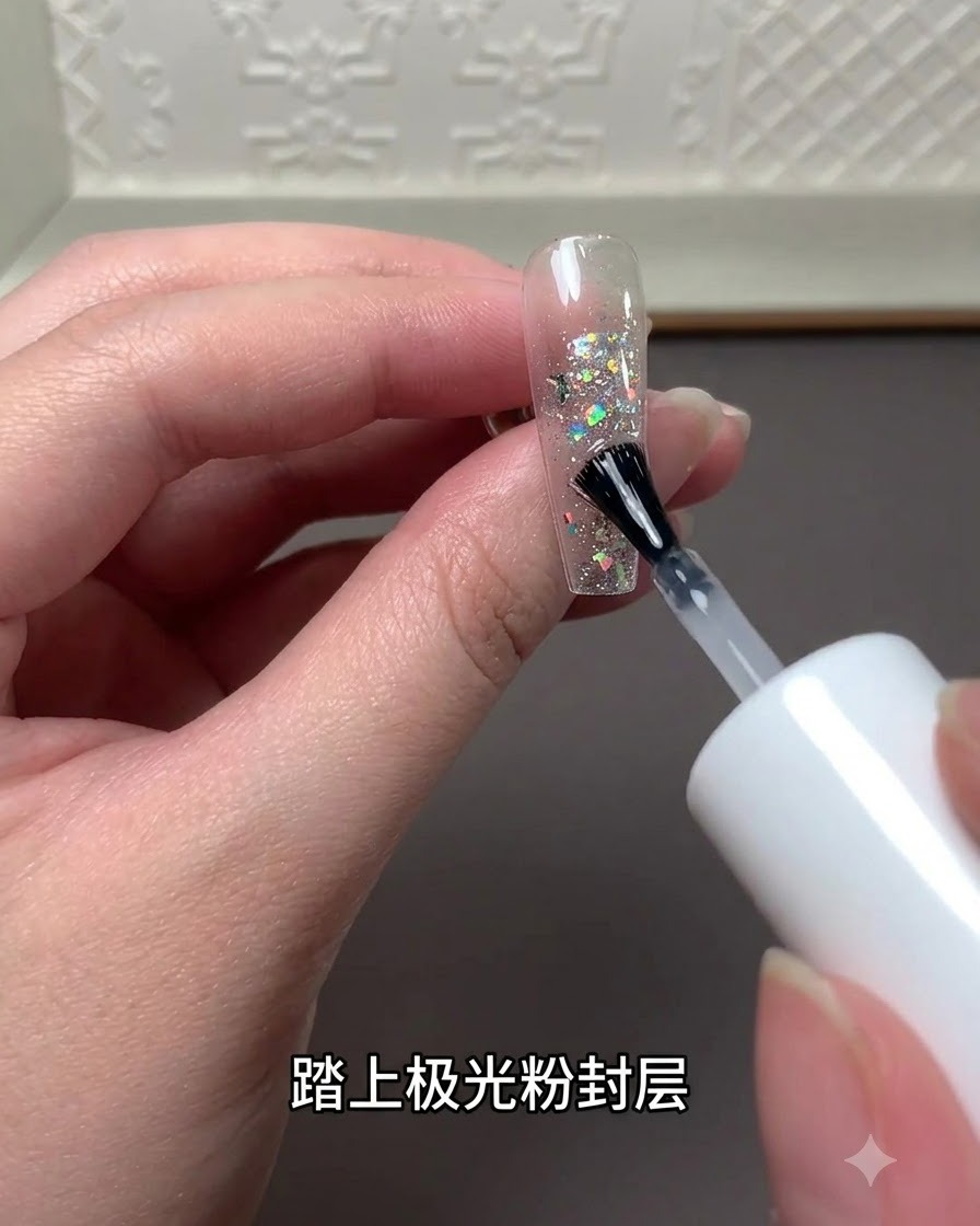 A brush from a top coat bottle applying a laser powder sealing layer over the glitter design on the nail extension.