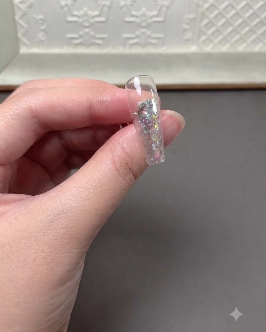 A clear nail extension showing embedded glitter with a black heart-shaped cutout sticker placed on top.