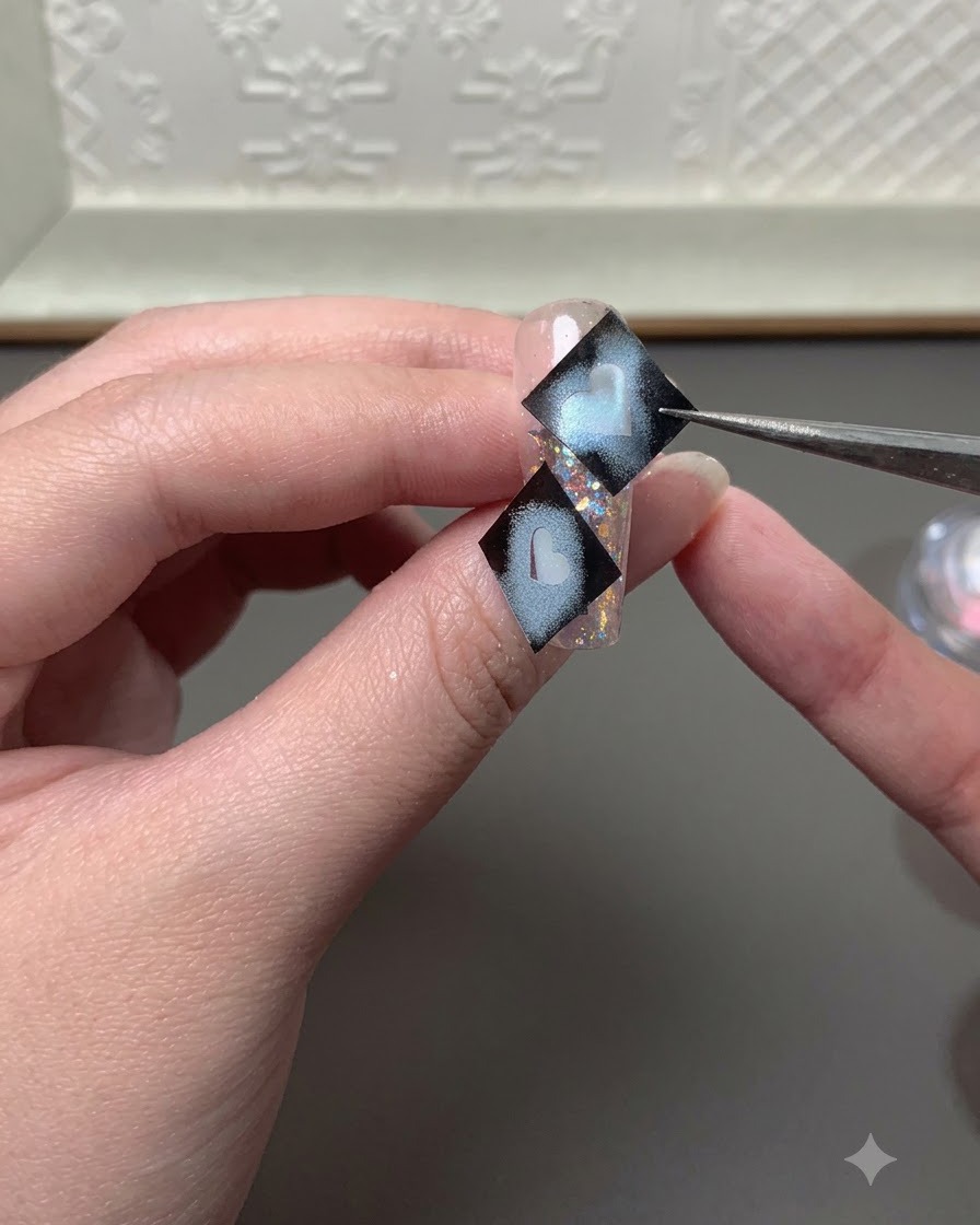 A fine liner brush filling in light blue gel inside a heart shape on a nail.