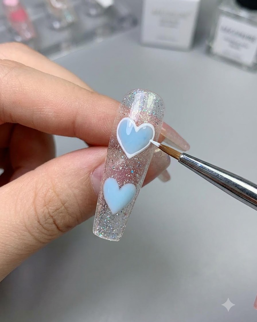 A fine brush using white drawing gel to outline the edges of a light blue heart.