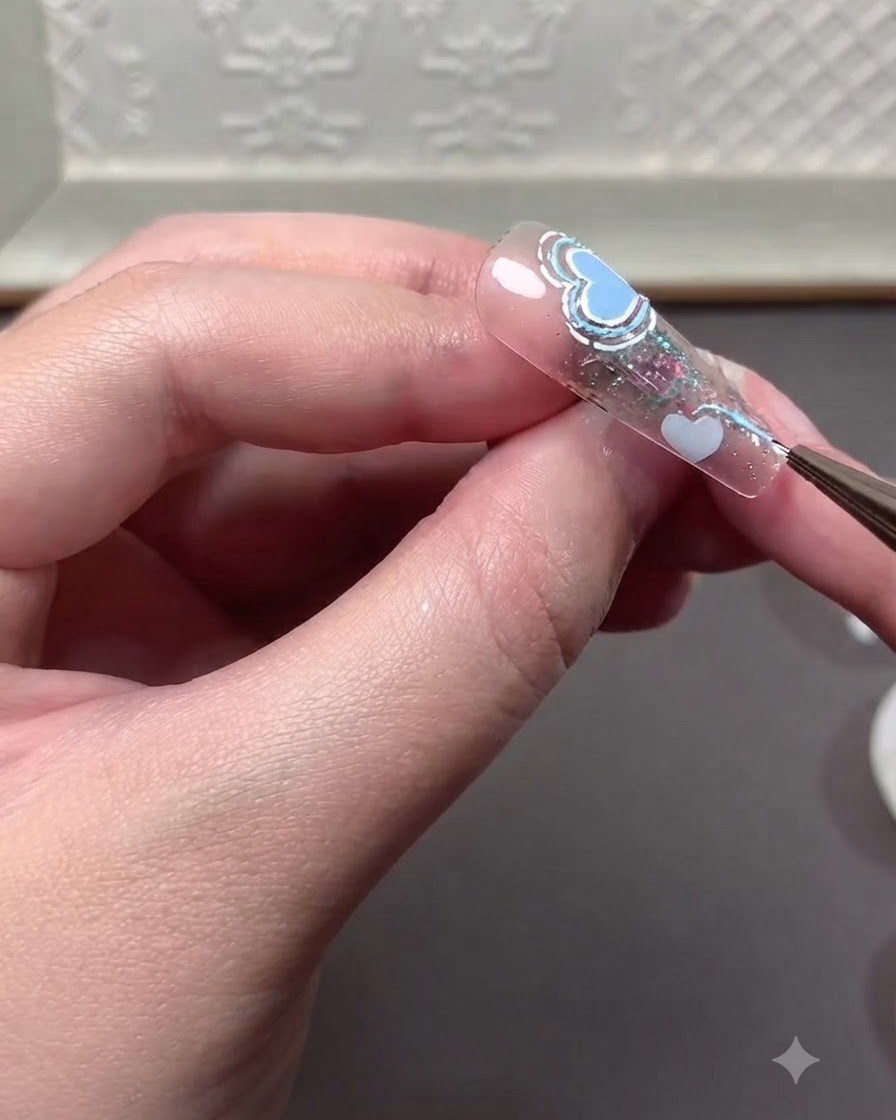 A close-up of a nail tip showing refined accent lines and small heart details drawn with relief gel.
