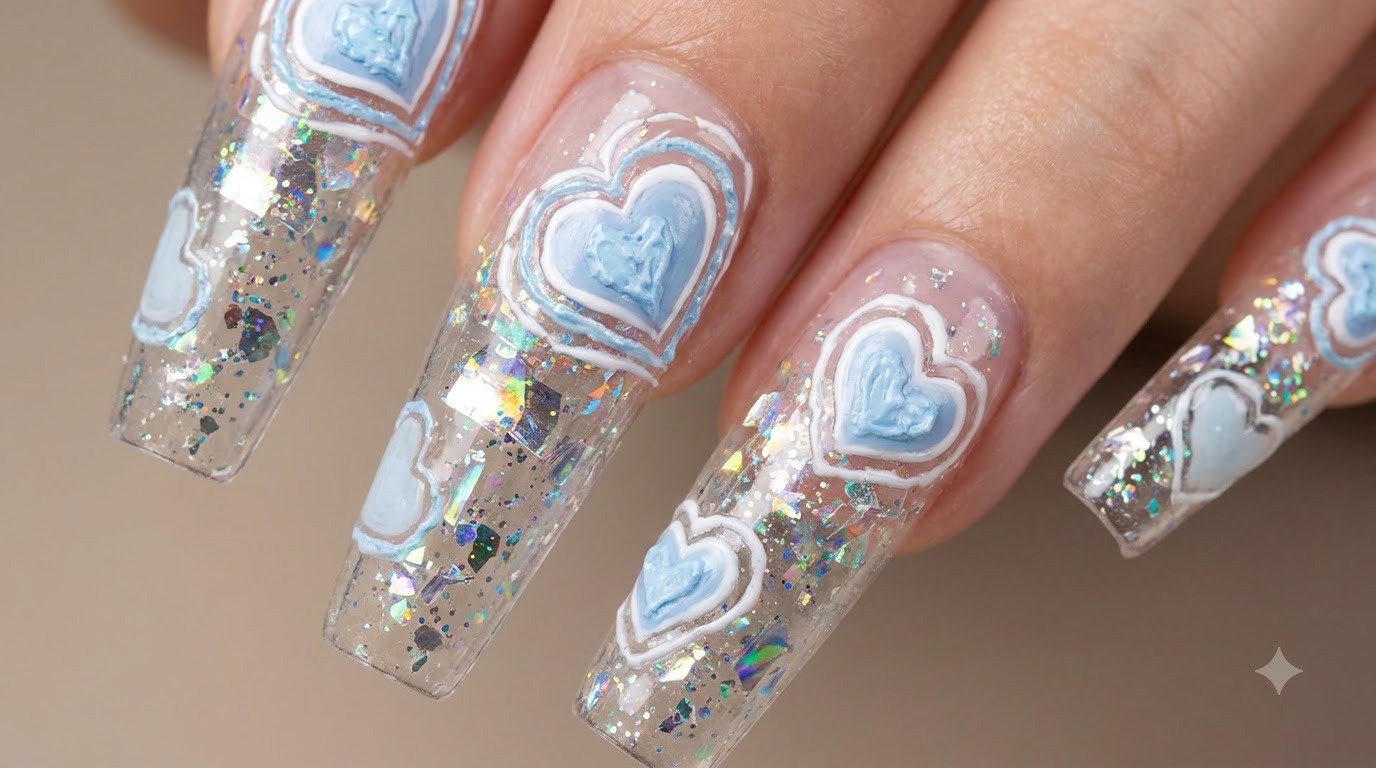 Glitter and Hand-Painted 3D Heart Nail Art Step-by-Step Tutorial