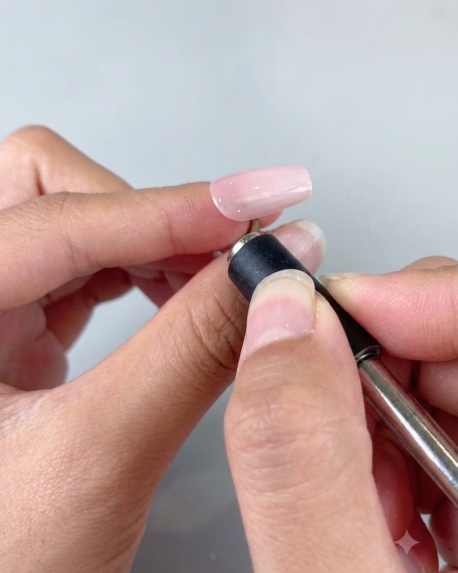 A hand using a small cylindrical magnet wand over the nail to manipulate the cat eye gel particles.