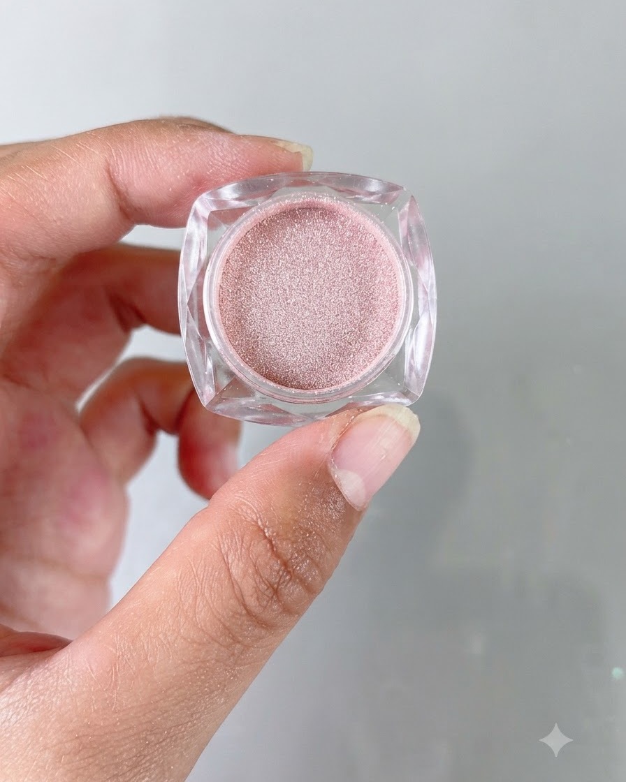 A close-up of a small jar containing light peach colored chrome mirror powder being held in hand.