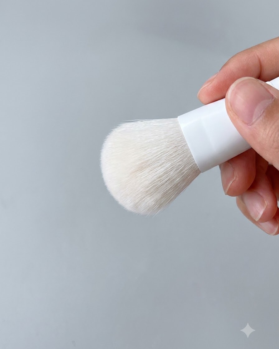 A hand holding a white fluffy nail dusting brush, ready to sweep away excess mirror powder dust.