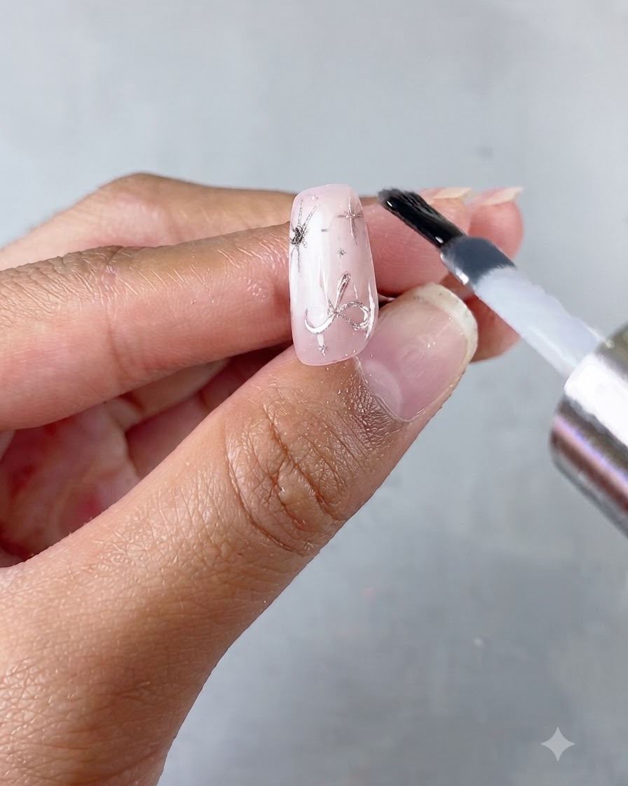 A nail brush applying a final glossy top coat layer onto the completed first nail design.