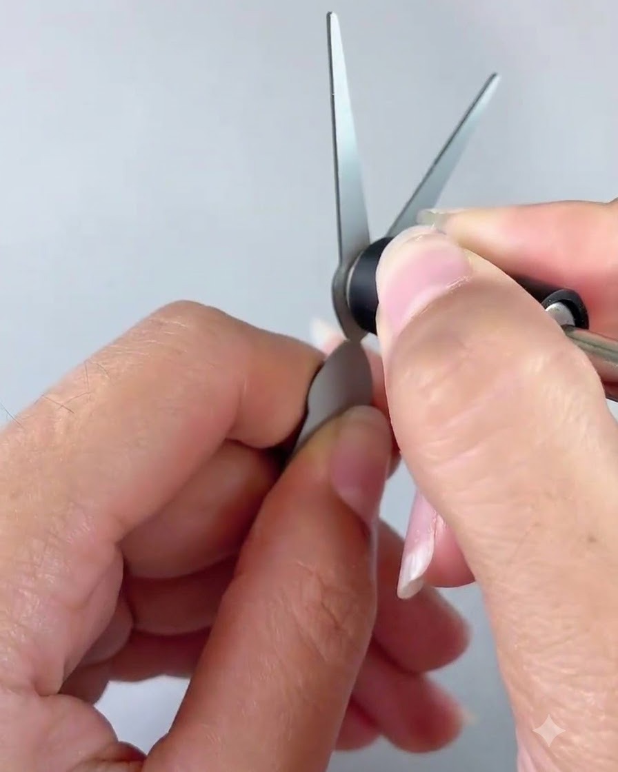 A pair of metal magnetic tool attachments being held to shape cat eye gel.