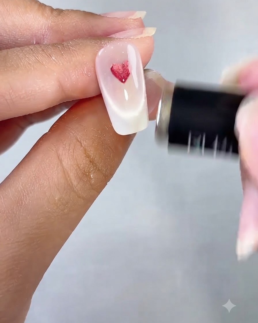 A magnet being held near a decorated nail featuring a glossy red cat eye heart design.