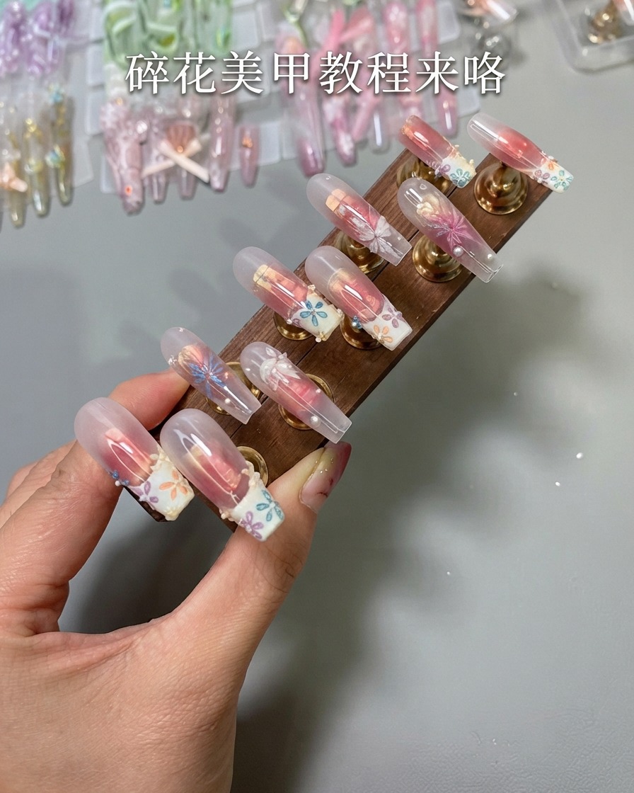 A brush applying milky white translucent base coat onto a clear nail tip.