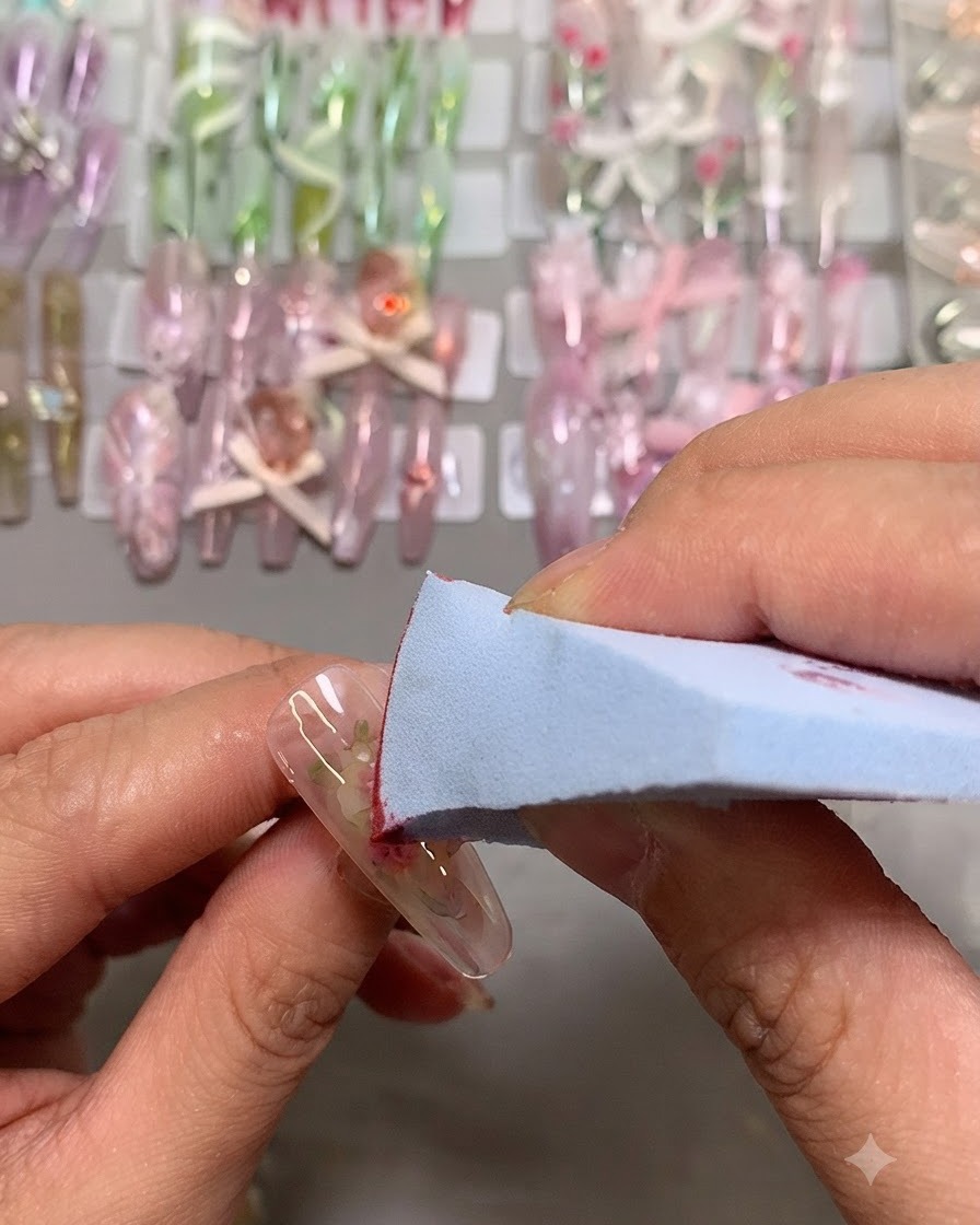 A makeup sponge dabbing pink gel onto the center of a nail to form a blush effect.