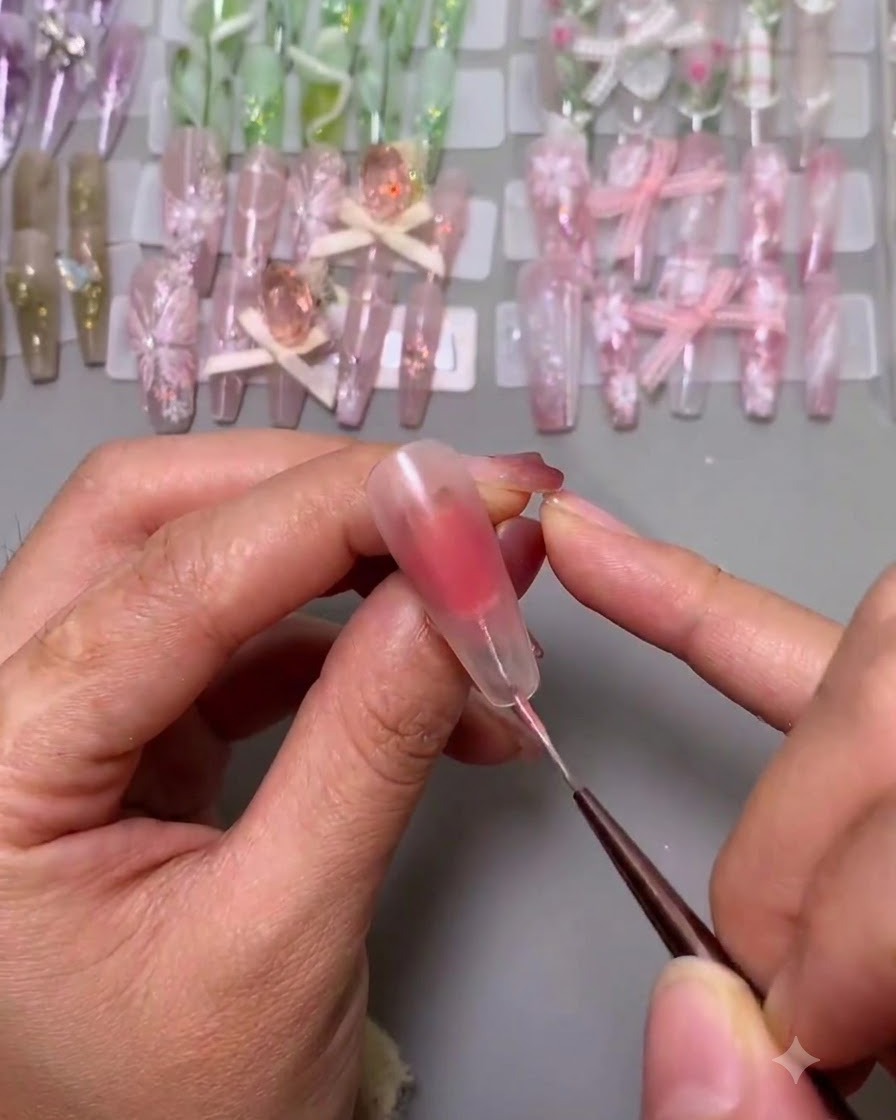A fine liner brush placing white guide dots on a nail to plan the French tip.