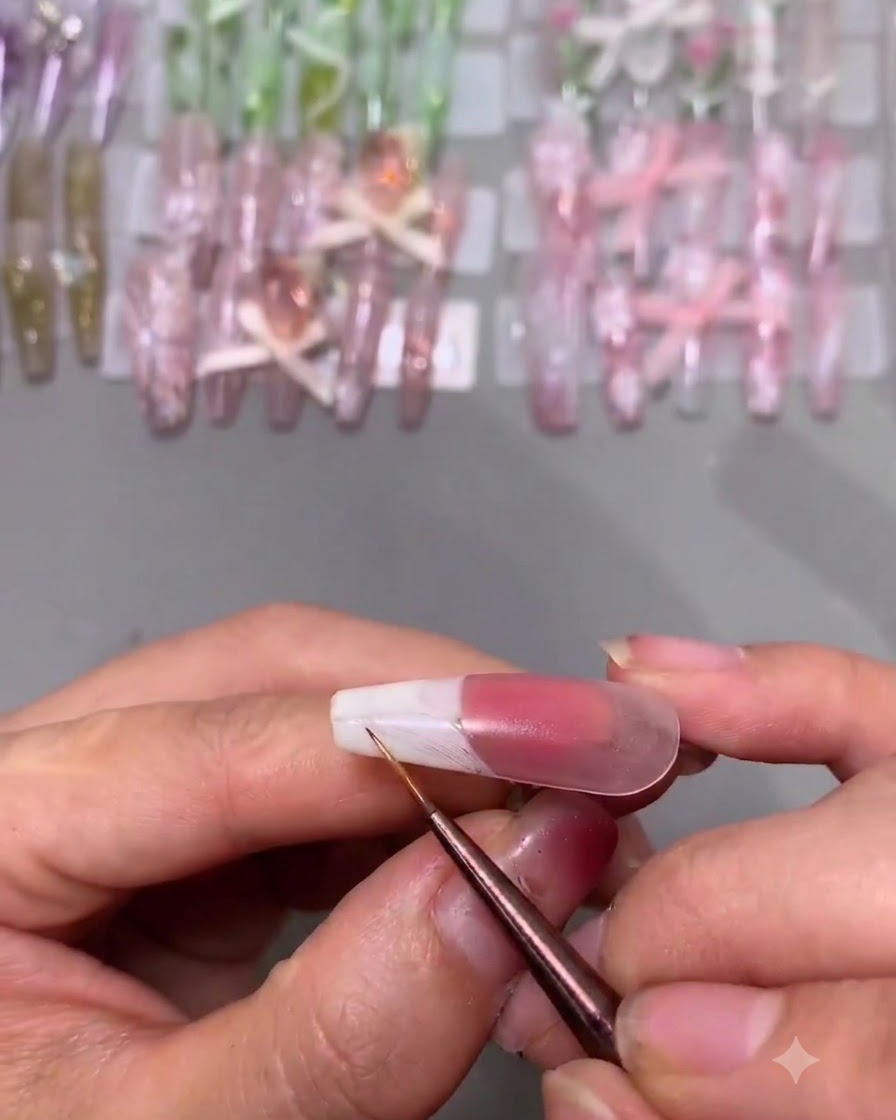 A fine detail brush smoothing out the edge of a white French tip on a manicured nail.