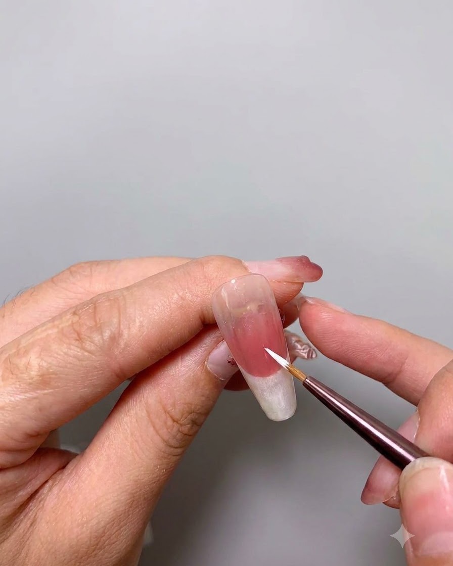 A fine brush applying a second layer of white polish onto the tip of the nail.